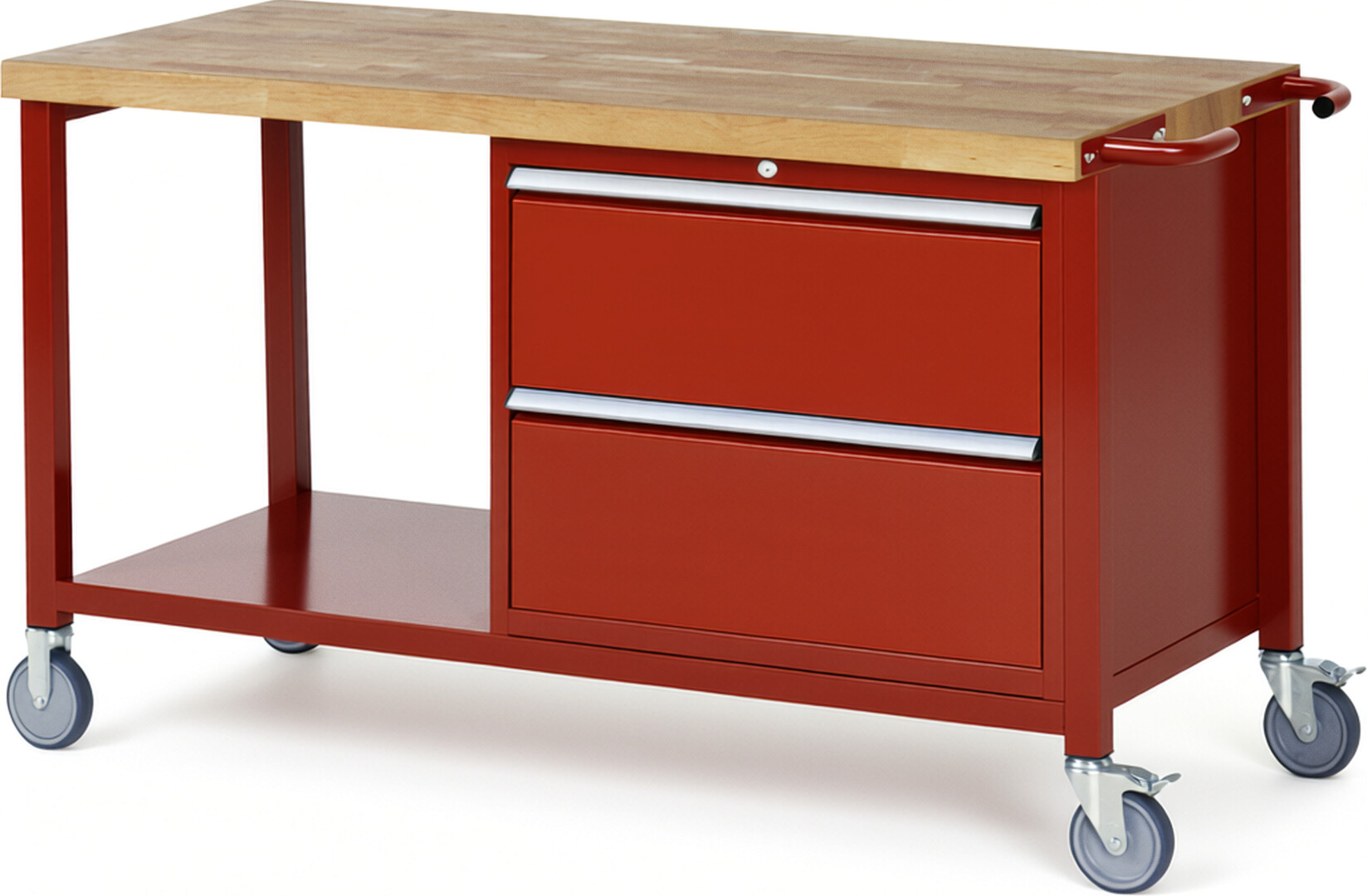 Fahrbare Werkbank Modell 8255 rot, BxTxH 1500x700x880 mm,  Buche-Massiv Arbeitsplatte 40 mm,  2 Schubladen mit  Auszug 90 %