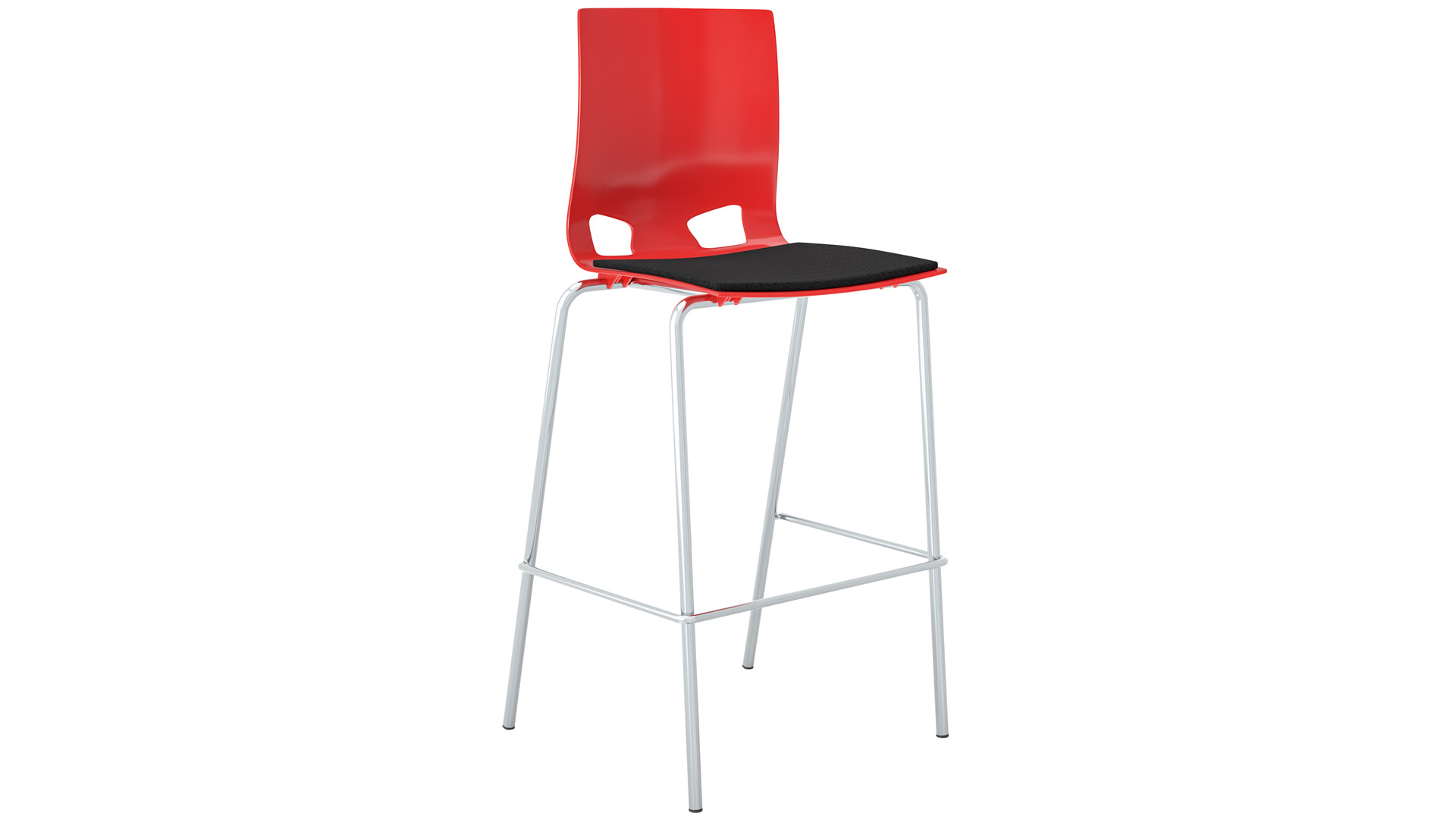Barhocker mit Fußstütze, stapelbar, Gestell verchromt, Sitz Kunststoff, mit Polster, rot