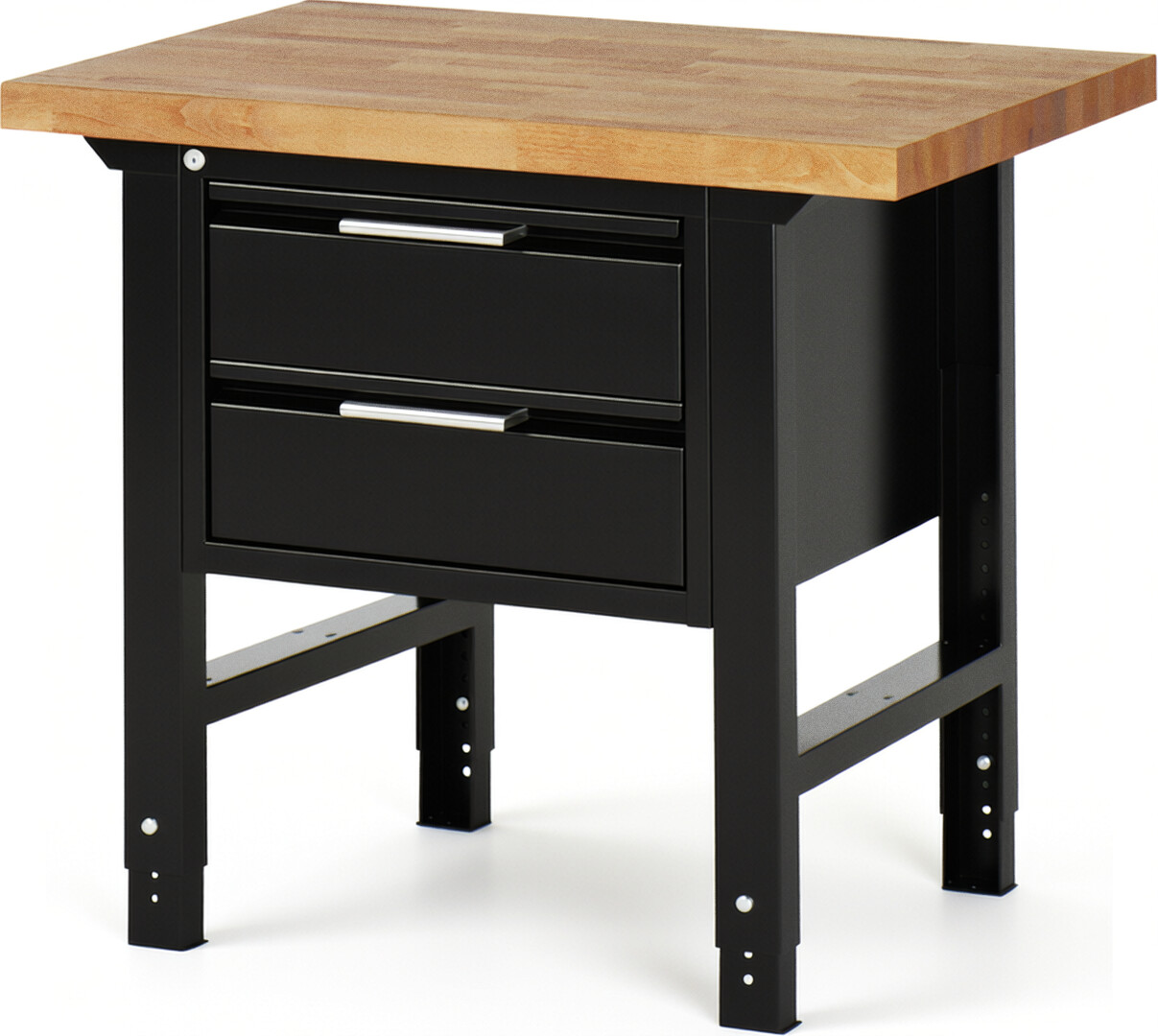 Werkbank schwarz, BxTxH 1000x700x790-1140 mm, Platte Buche 40 mm 40 mm, 2 Schubladen 180 mm, RAL 9011/9011