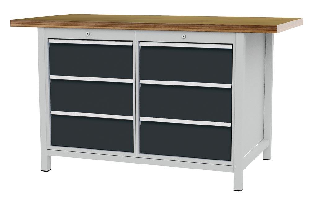Werkbank, Platte Buche Multiplex 40 mm, BxTxH 1500x750x859 mm, 6 Schubladen: li 3x200 mm, re 3x200 mm, RAL 7035/7016