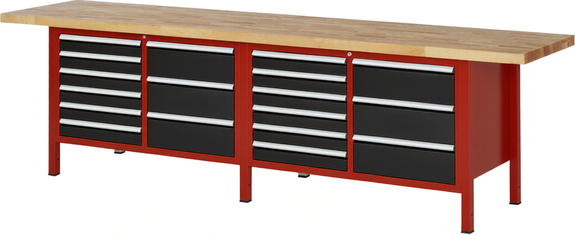 RAU Werkbank rot - schwarz - Breite 300 cm - Tiefe 70 cm - Höhe 104 cm - Buche-Massiv Arbeitsplatte 40 mm