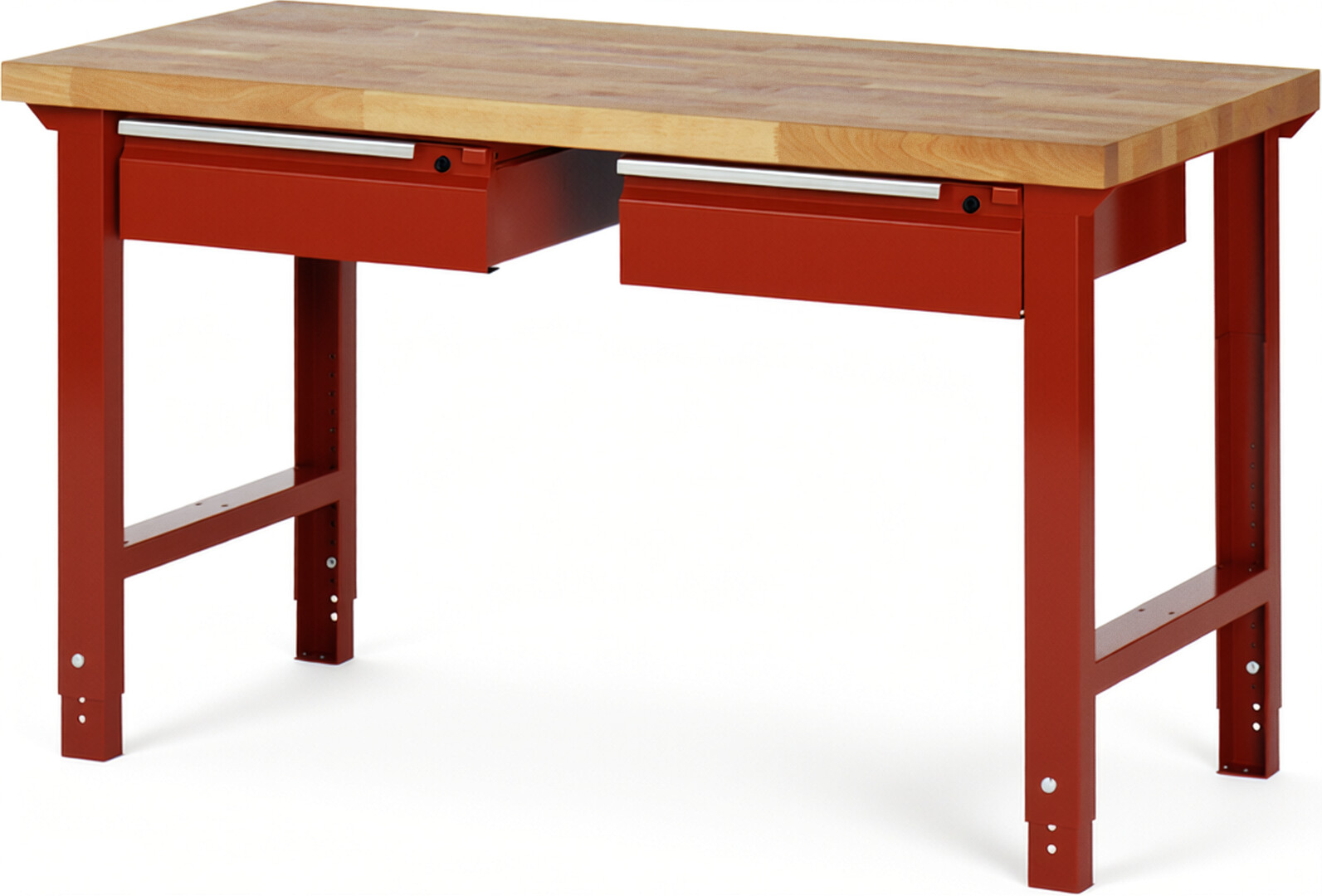 Werkbank - Modell 7002 BASIC rot, BxTxH 1500x700x790-1140 mm,  Buche-Massiv Arbeitsplatte 40 mm,  2 Schubladen mit  Auszug 90 %
