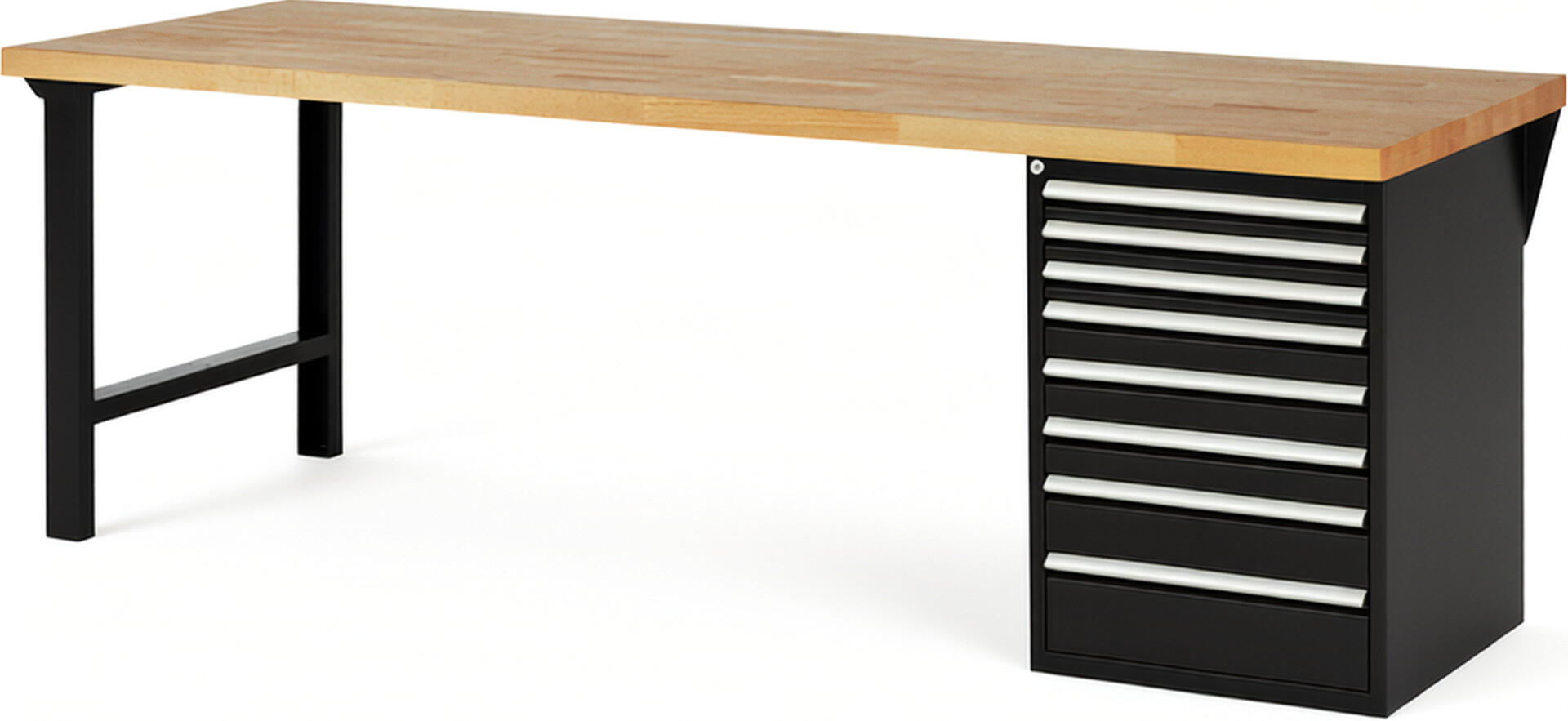 RAU Werkbank schwarz - Breite 250 cm - Tiefe 90 cm - Höhe 89 cm - Buche-Massiv Arbeitsplatte 40 mm