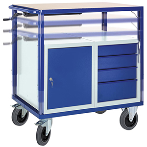 Tischwagen, höhenverstellbar, 1 Schrank, 4 Schubladen, fahrbar, BxTxH 1160x700x980-1280 mm, RAL 5010/7035