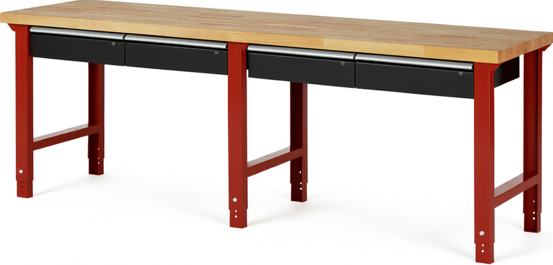 Werkbank Modell 7002 rot - schwarz, BxTxH 2500x700x790-1140 mm,  Buche-Massiv Arbeitsplatte 40 mm,  4 Schubladen mit  Auszug 90 %