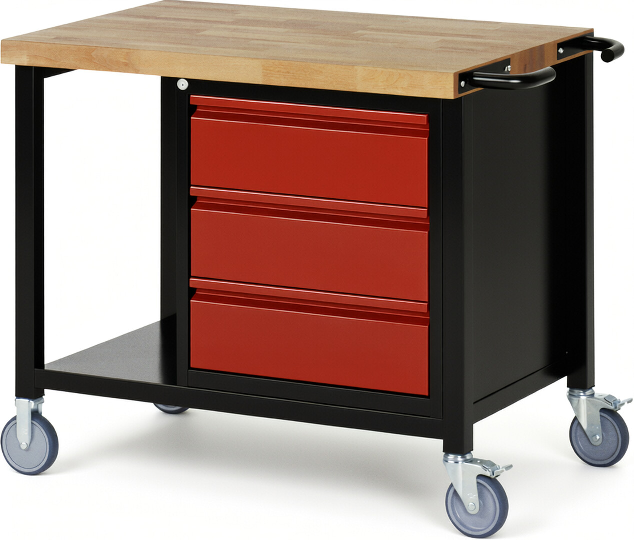 RAU Werkbank schwarz - rot - Breite 100 cm - Tiefe 70 cm - Höhe 88 cm - Buche-Massiv Arbeitsplatte 40 mm