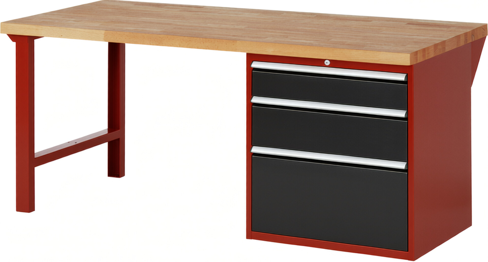 Werkbank Modell 7608 rot - schwarz, BxTxH 2000x900x840 mm,  Buche-Massiv Arbeitsplatte 40 mm,  3 Schubladen mit  Auszug 90 %
