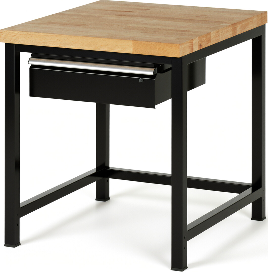 Werkbank Modell 8001 schwarz, BxTxH 750x900x840-1040 mm,  Buche-Massiv Arbeitsplatte 40 mm,  1 Schublade mit  Auszug 90 %