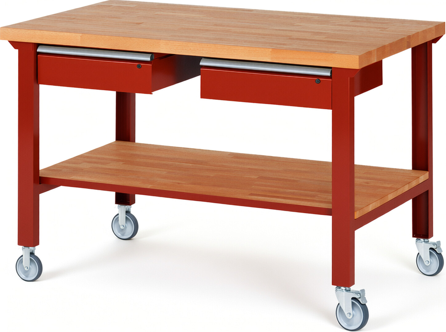 RAU Werkbank rot - Breite 150 cm - Tiefe 90 cm - Höhe 100 cm - Buche-Massiv Arbeitsplatte 40 mm