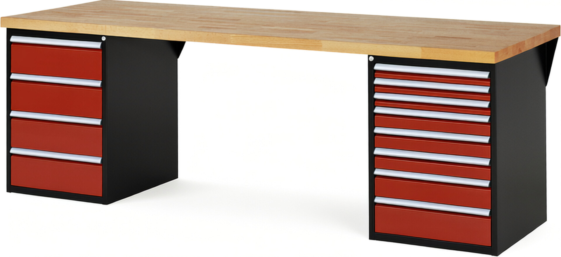 RAU Werkbank schwarz - rot - Breite 250 cm - Tiefe 90 cm - Höhe 84 cm - Buche-Massiv Arbeitsplatte 40 mm