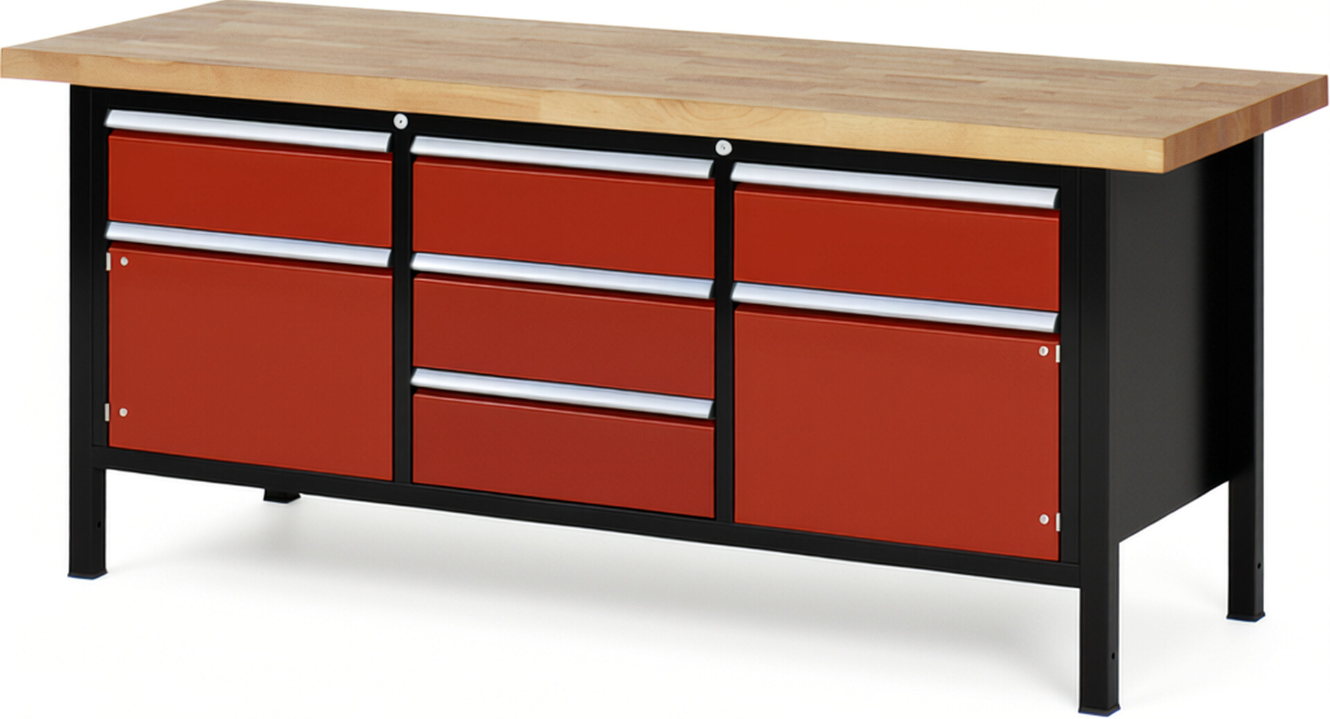 RAU Werkbank schwarz - rot - Breite 200 cm - Tiefe 70 cm - Höhe 104 cm - Buche-Massiv Arbeitsplatte 40 mm