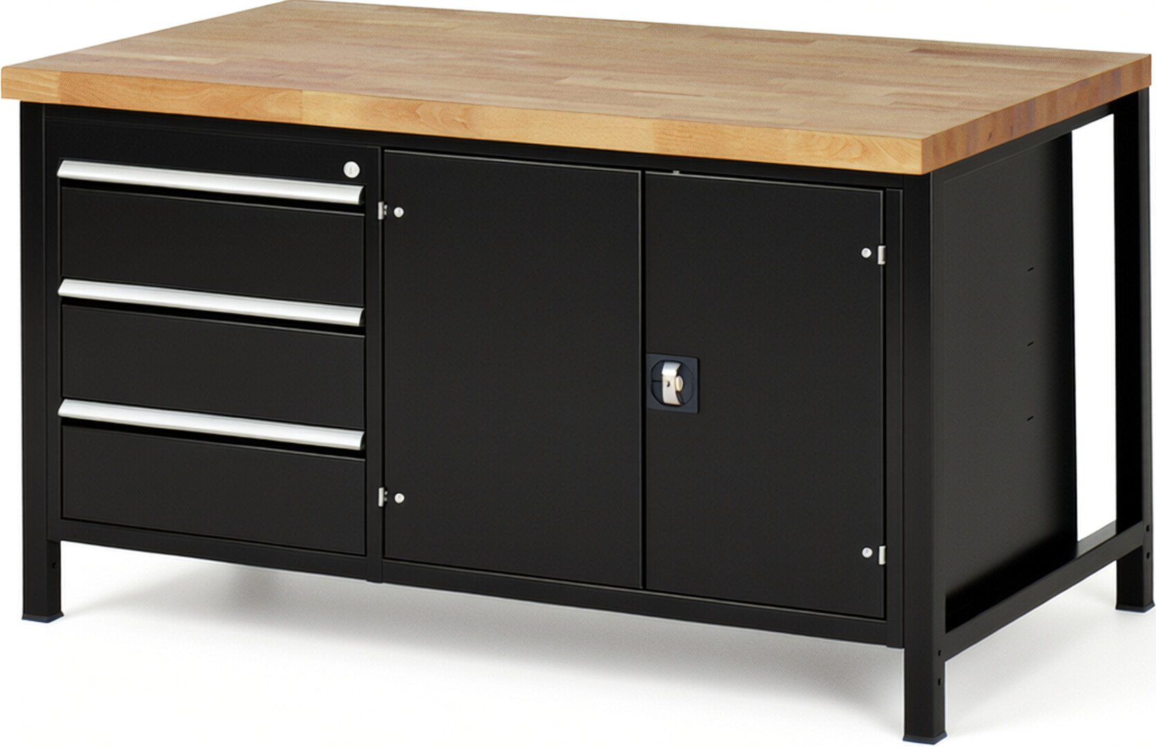 RAU Werkbank schwarz - Breite 150 cm - Tiefe 90 cm - Höhe 104 cm - Buche-Massiv Arbeitsplatte 40 mm