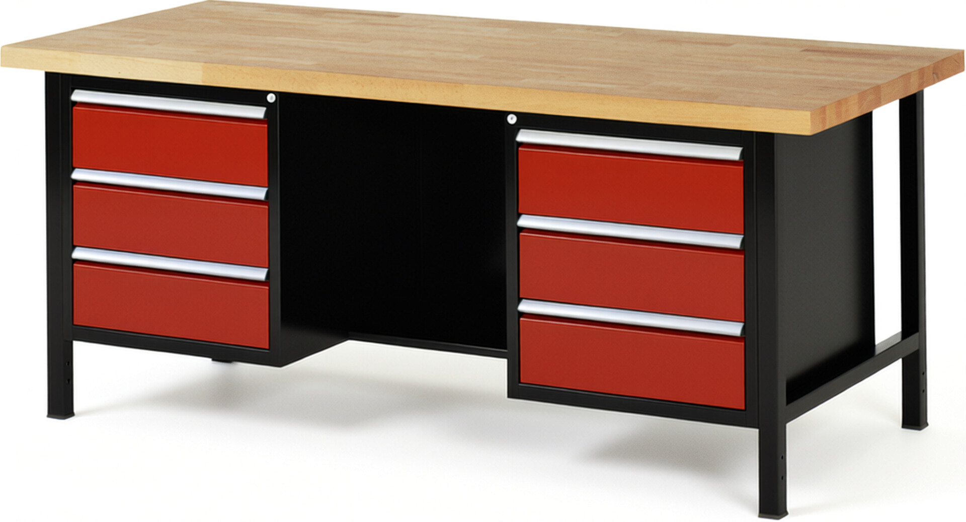 RAU Werkbank schwarz - rot - Breite 200 cm - Tiefe 90 cm - Höhe 104 cm - Buche-Massiv Arbeitsplatte 40 mm