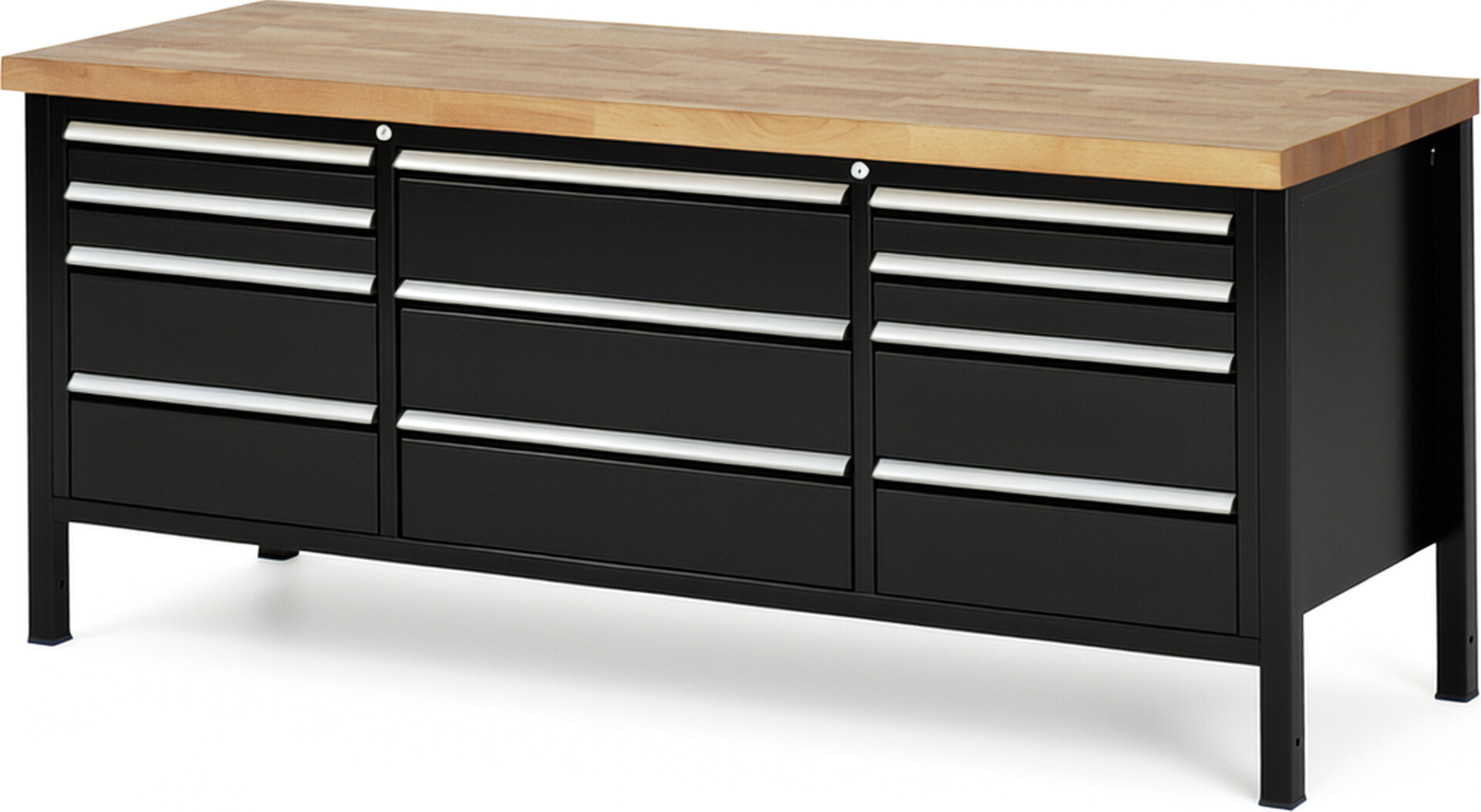Werkbank Modell 8757 schwarz, BxTxH 2000x700x840 mm,  Buche-Massiv Arbeitsplatte 40 mm,  11 Schubladen mit  Auszug 90 %
