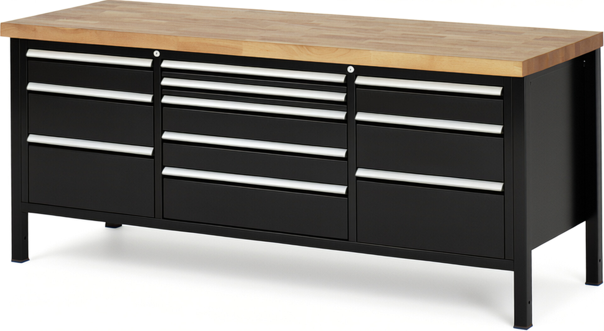 Werkbank Modell 8758 schwarz, BxTxH 2000x700x840-1040 mm,  Buche-Massiv Arbeitsplatte 40 mm,  11 Schubladen mit  Auszug 90 %