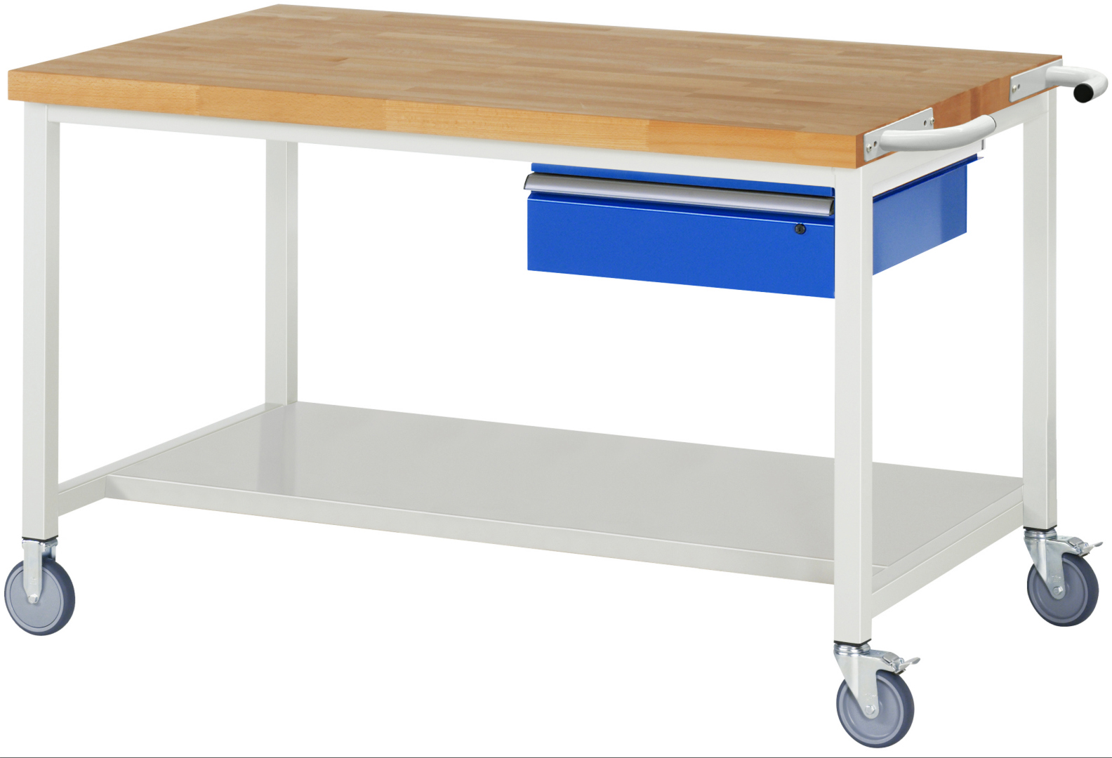 Fahrbare Werkbank Modell 8001,  BxTxH 1500x900x880-1080 mm,  Buche-Massiv Arbeitsplatte 40 mm,  1 Schublade mit  Auszug 90 %