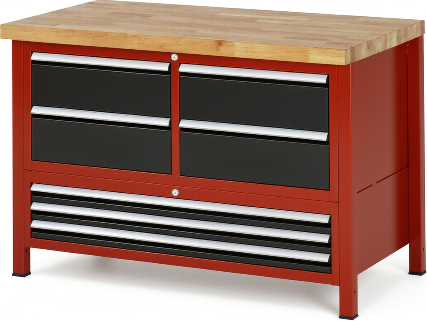 Werkbank Modell 8934 rot - schwarz, BxTxH 1250x700x840 mm,  Buche-Massiv Arbeitsplatte 40 mm,  7 Schubladen mit  Auszug 90 %