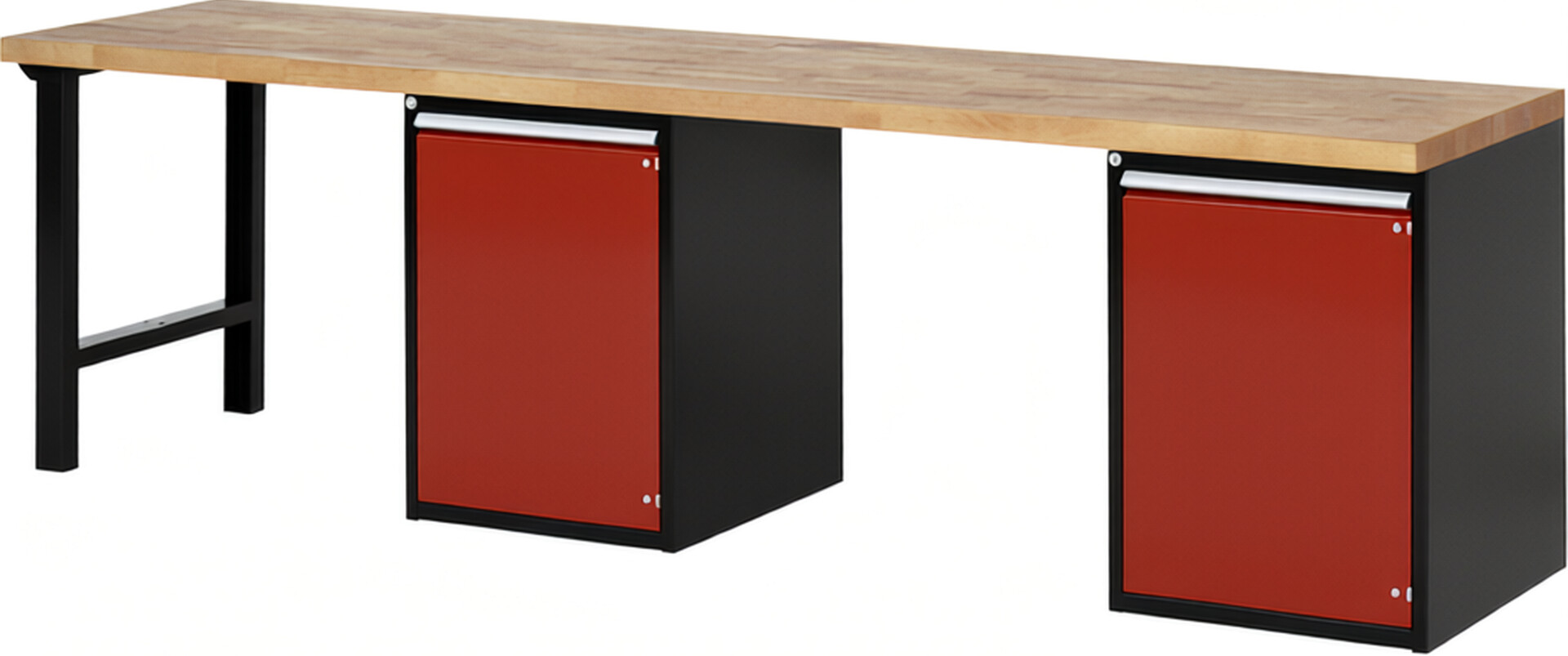 RAU Werkbank schwarz - rot - Breite 300 cm - Tiefe 70 cm - Höhe 89 cm - Buche-Massiv Arbeitsplatte 40 mm