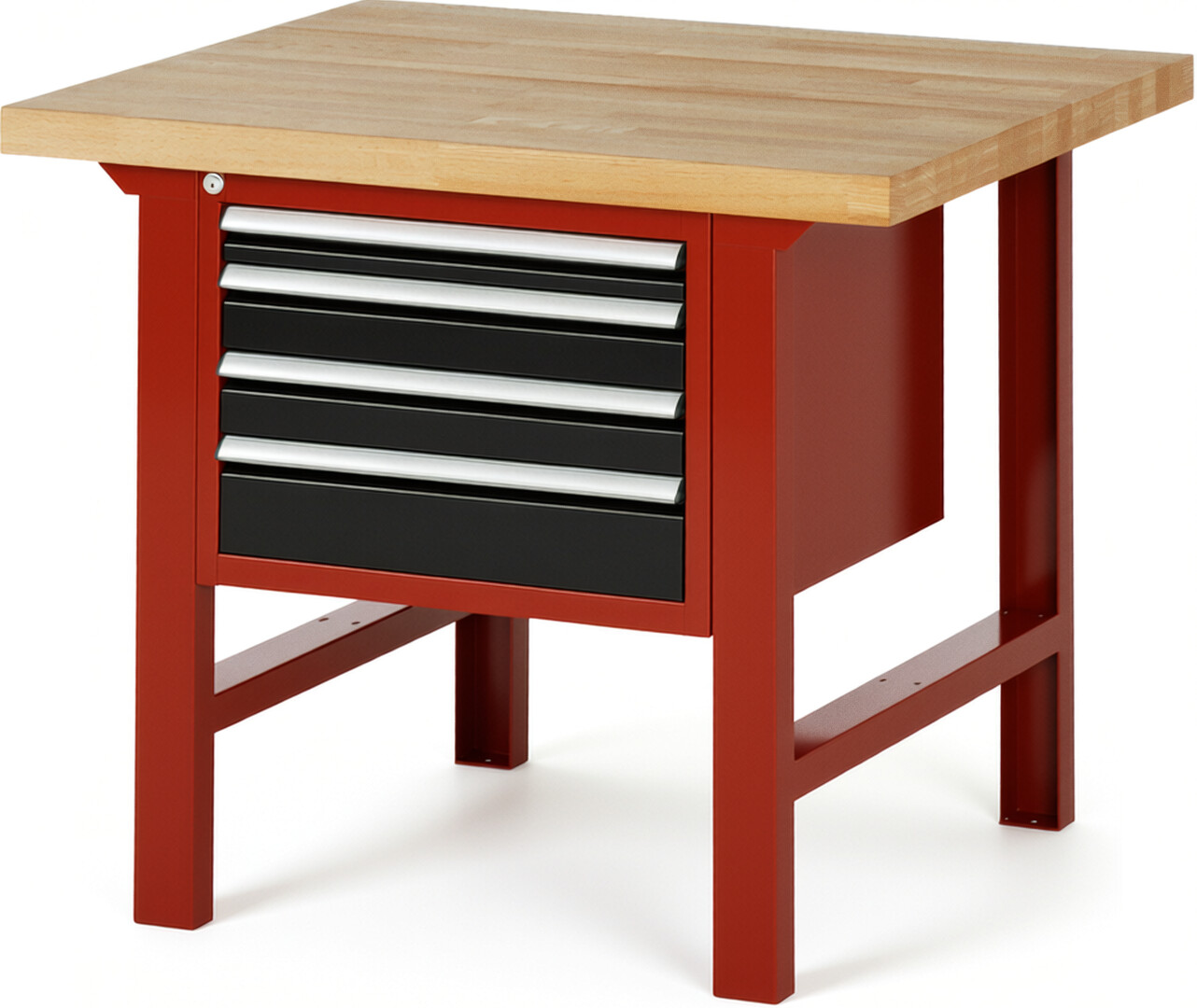 Werkbank Modell 7132 rot - schwarz, BxTxH 1000x900x840 mm,  Buche-Massiv Arbeitsplatte 40 mm,  4 Schubladen mit  Auszug 90 %
