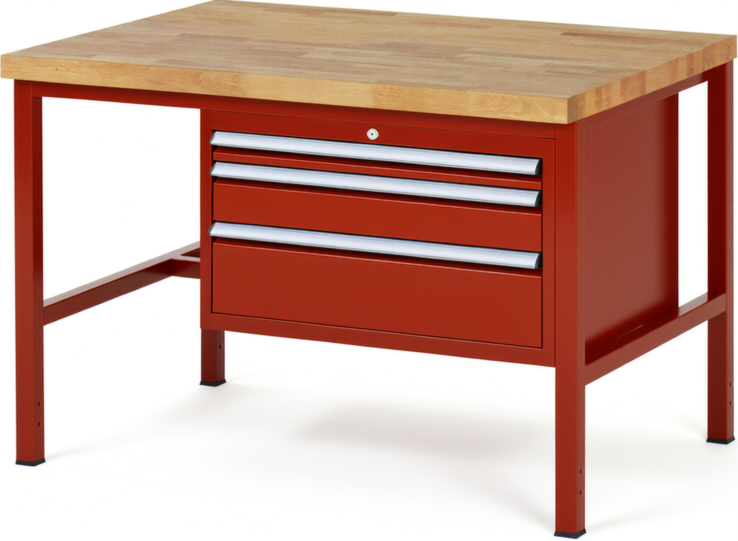 Werkbank Modell 8226 rot, BxTxH 1250x900x840 mm,  Buche-Massiv Arbeitsplatte 40 mm,  3 Schubladen mit  Vollauszug 100 % und  SoftClosing