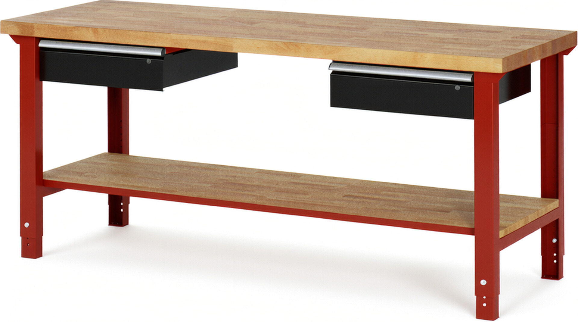 Werkbank Modell 7002 rot - schwarz, BxTxH 2000x700x790-1140 mm,  Buche-Massiv Arbeitsplatte 40 mm,  2 Schubladen mit  Auszug 90 %