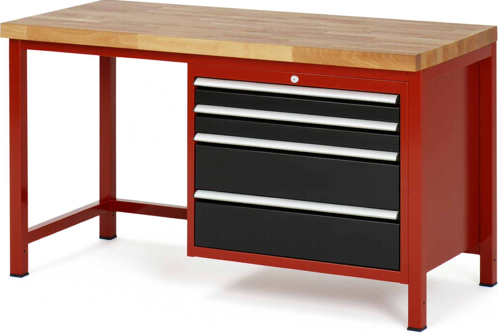 Werkbank Modell 8261 rot - schwarz, BxTxH 1500x700x840 mm,  Buche-Massiv Arbeitsplatte 40 mm,  4 Schubladen mit  Vollauszug 100 % und  SoftClosing