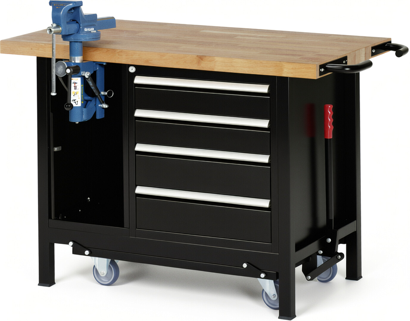 RAU Werkbank schwarz - Breite 125 cm - Tiefe 70 cm - Höhe 88 cm - Buche-Massiv Arbeitsplatte 40 mm