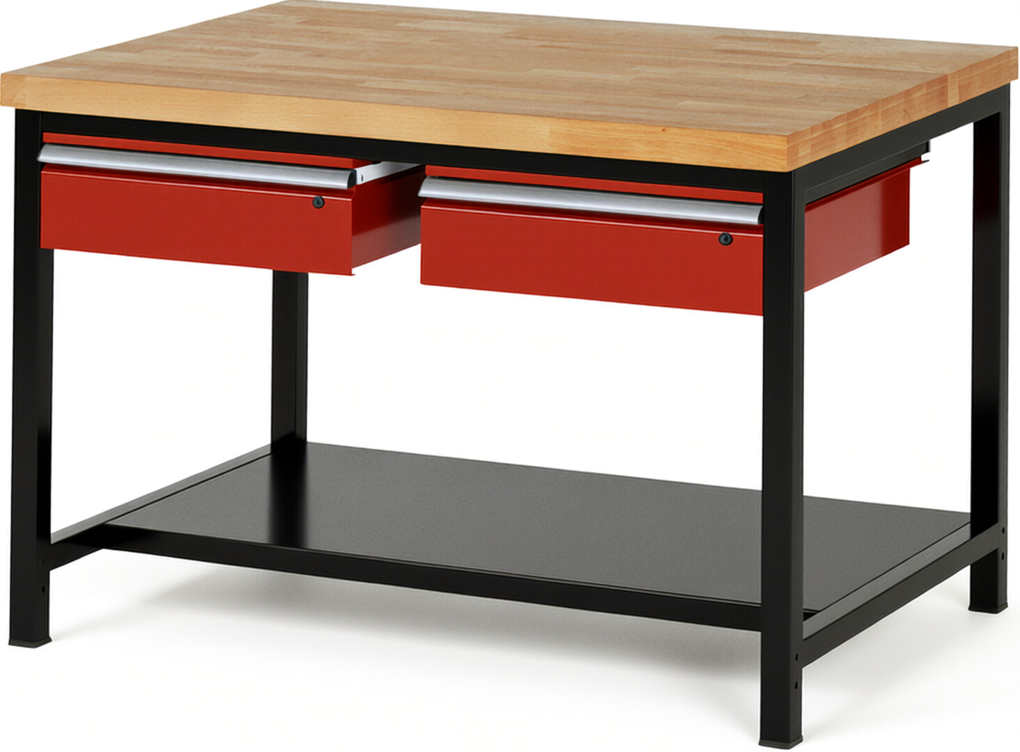 Werkbank Modell 8002 schwarz-rot, BxTxH 1250x900x840-1040 mm,  Buche-Massiv Arbeitsplatte 40 mm,  2 Schubladen mit  Auszug 90 %