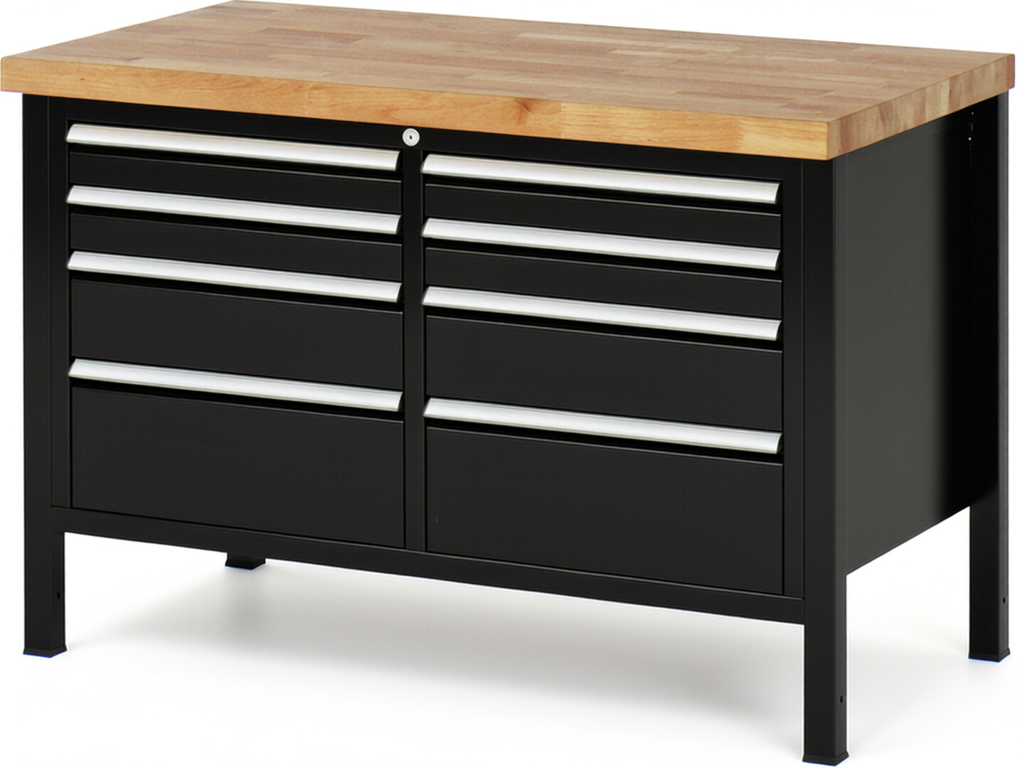 Werkbank Modell 8478 schwarz, BxTxH 1250x700x840-1040 mm,  Buche-Massiv Arbeitsplatte 40 mm,  8 Schubladen mit  Auszug 90 %