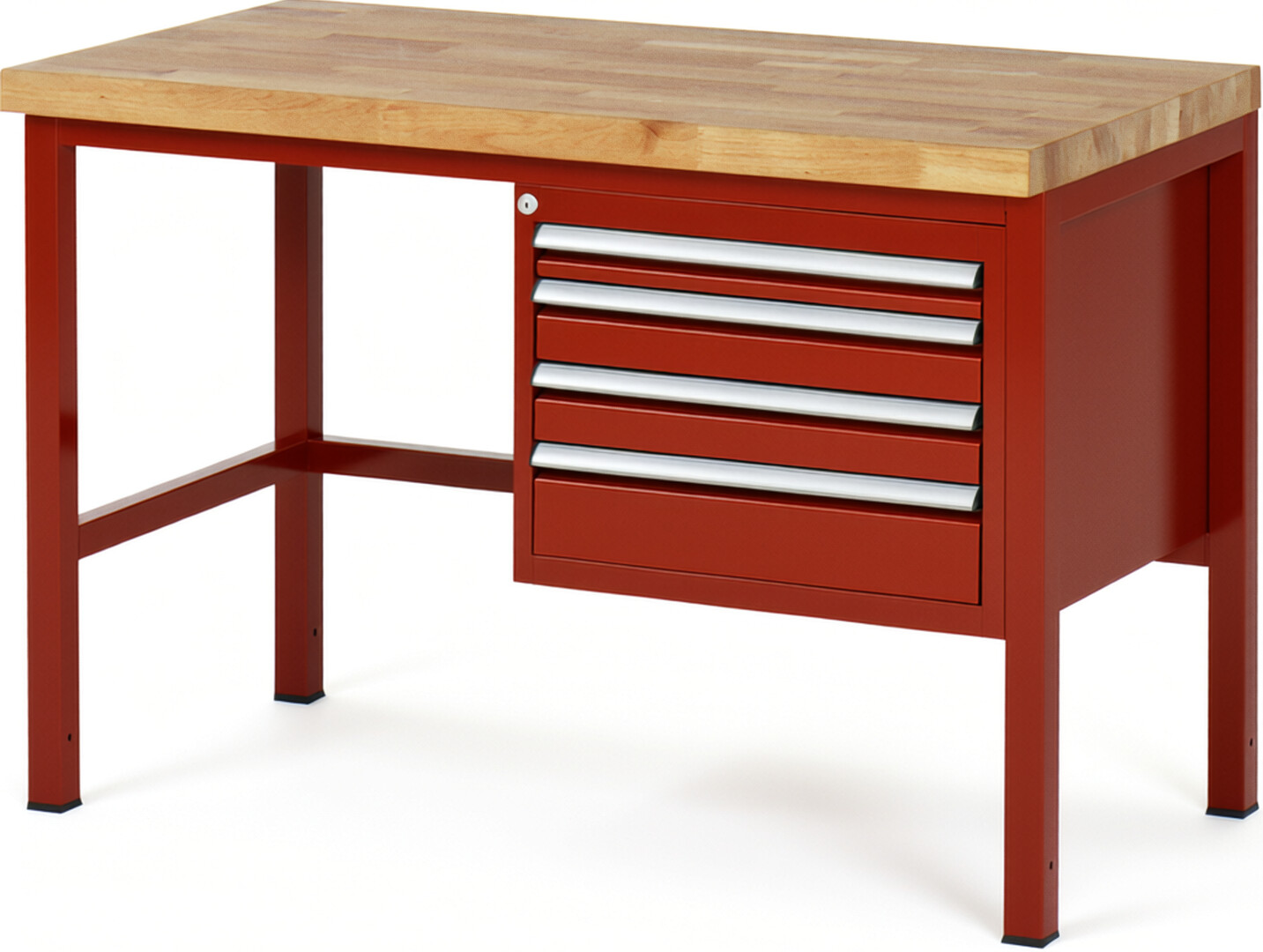 Werkbank Modell 8132 rot, BxTxH 1250x700x840-1040 mm,  Buche-Massiv Arbeitsplatte 40 mm,  4 Schubladen mit  Vollauszug 100 % und  SoftClosing