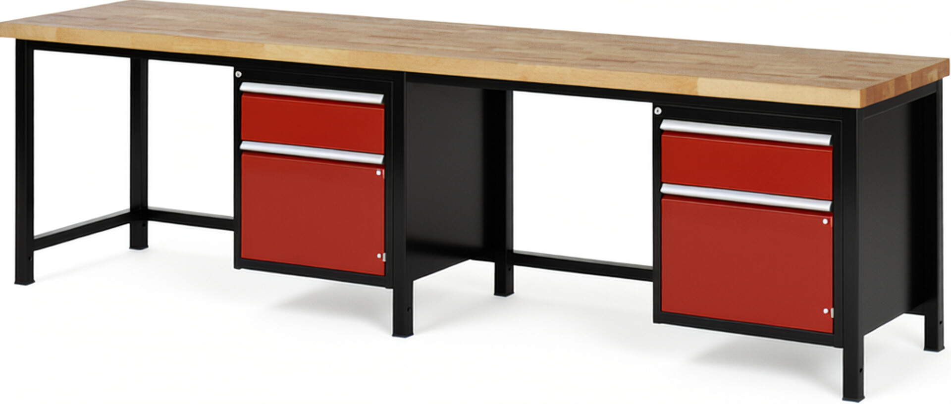 RAU Werkbank schwarz - rot - Breite 300 cm - Tiefe 70 cm - Höhe 104 cm - Buche-Massiv Arbeitsplatte 40 mm