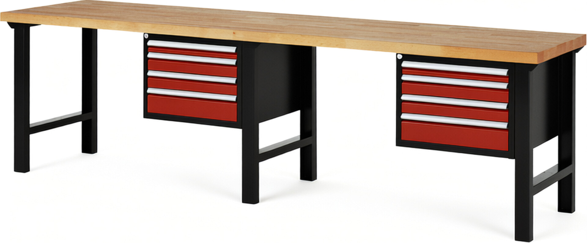 RAU Werkbank schwarz - rot - Breite 300 cm - Tiefe 70 cm - Höhe 84 cm - Buche-Massiv Arbeitsplatte 40 mm