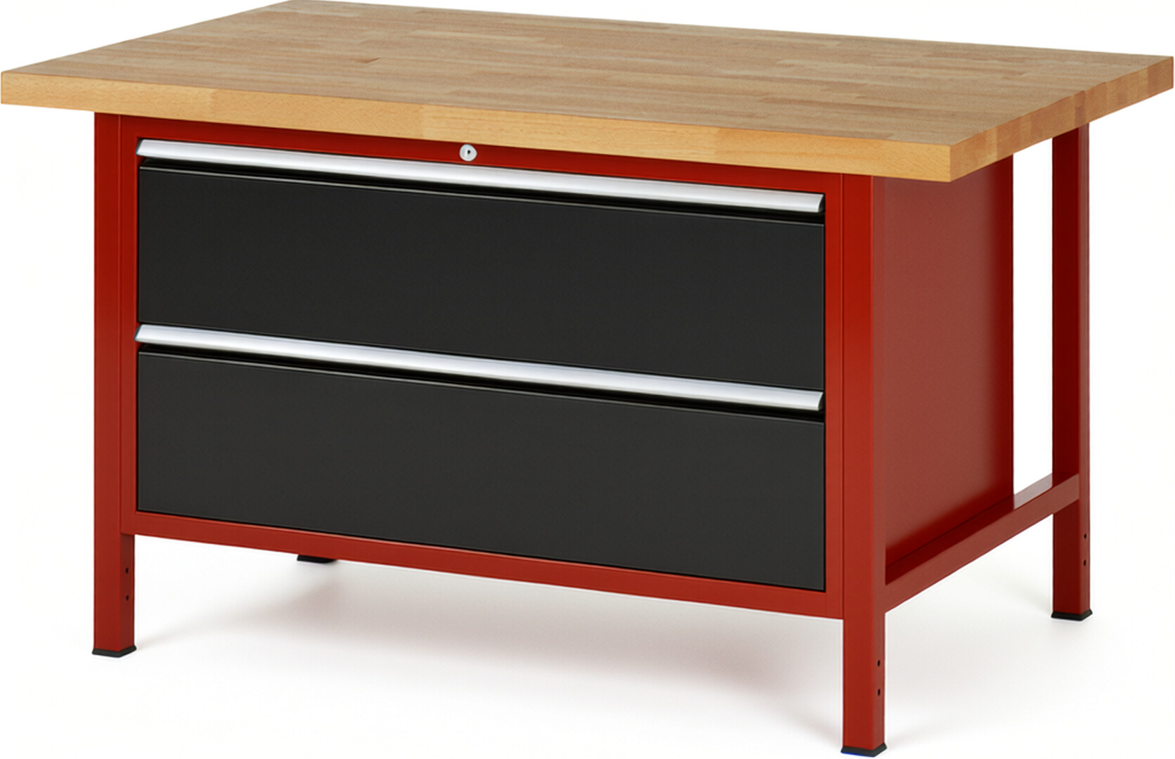 RAU Werkbank rot - schwarz - Breite 150 cm - Tiefe 90 cm - Höhe 104 cm - Buche-Massiv Arbeitsplatte 40 mm