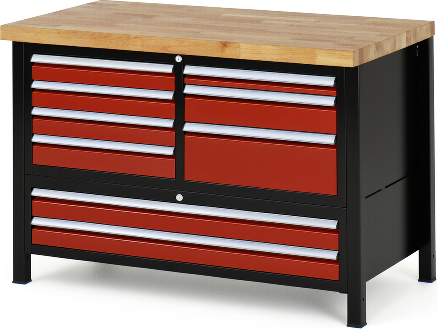 RAU Werkbank schwarz - rot - Breite 125 cm - Tiefe 70 cm - Höhe 104 cm - Buche-Massiv Arbeitsplatte 40 mm