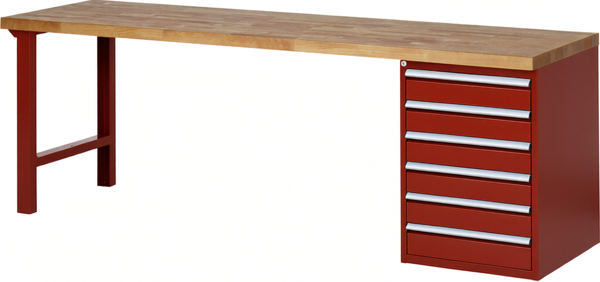 RAU Werkbank rot - Breite 250 cm - Tiefe 70 cm - Höhe 84 cm - Buche-Massiv Arbeitsplatte 40 mm