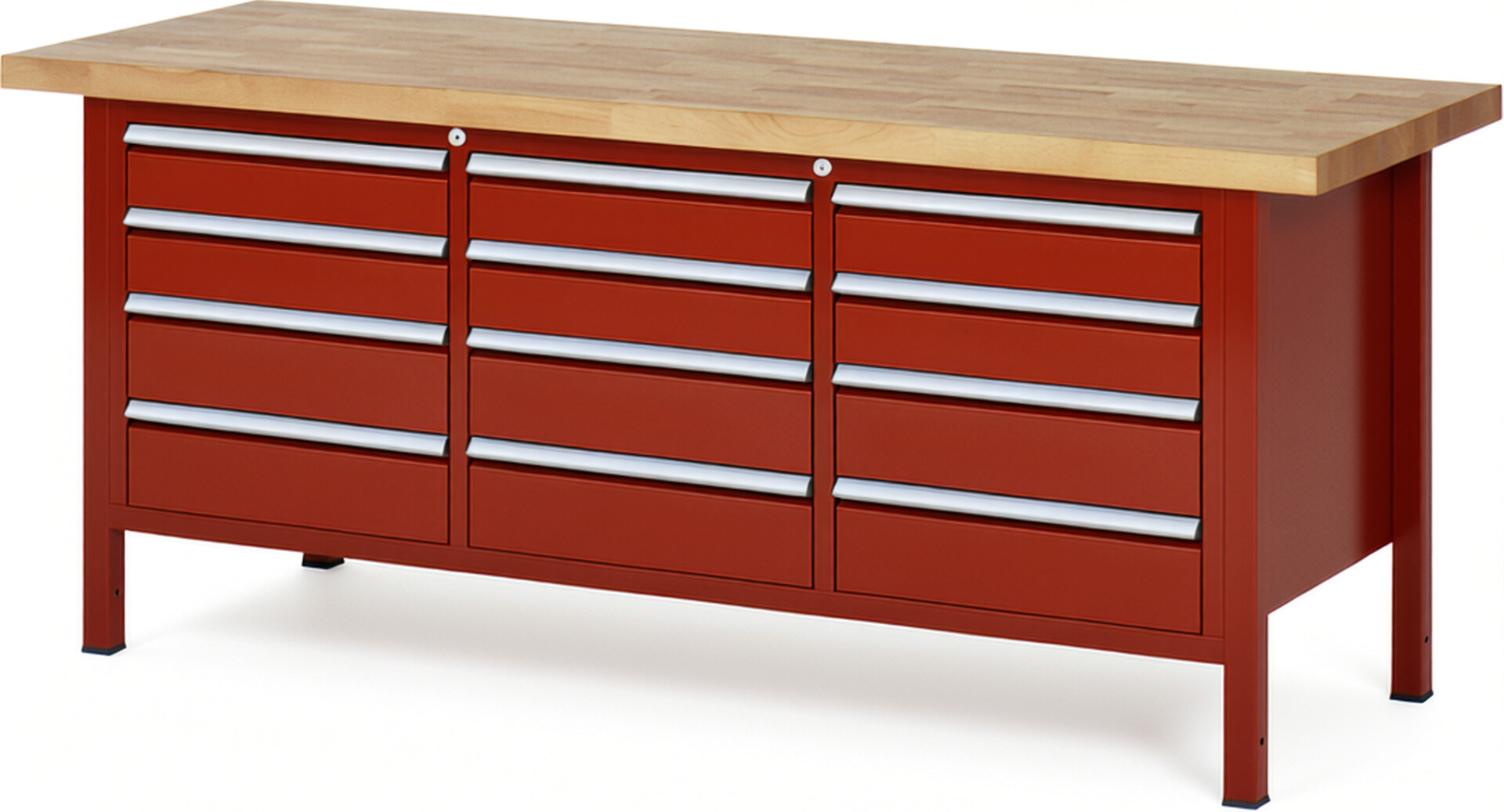 Werkbank Modell 8579 rot, BxTxH 2000x700x840-1040 mm,  Buche-Massiv Arbeitsplatte 40 mm,  12 Schubladen mit  Auszug 90 %