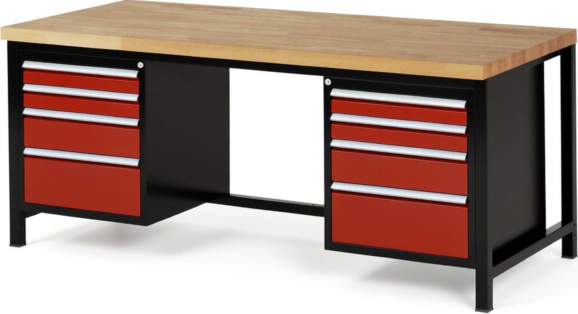 RAU Werkbank schwarz - rot - Breite 200 cm - Tiefe 90 cm - Höhe 104 cm - Buche-Massiv Arbeitsplatte 40 mm