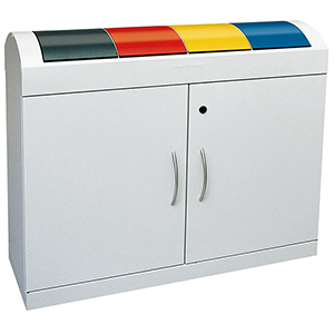 Wertstoffsammelstation, 4x45 Liter, BxTxH 1100x320x975 mm, Korpus RAL 7035 lichtgrau, Schwingdeckel blau+gelb+anthrazit+rot