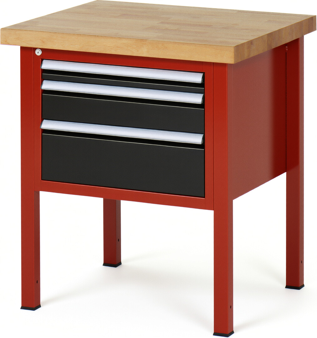Werkbank Modell 8126 rot - schwarz, BxTxH 750x700x840-1040 mm,  Buche-Massiv Arbeitsplatte 40 mm,  3 Schubladen mit  Vollauszug 100 % und  SoftClosing