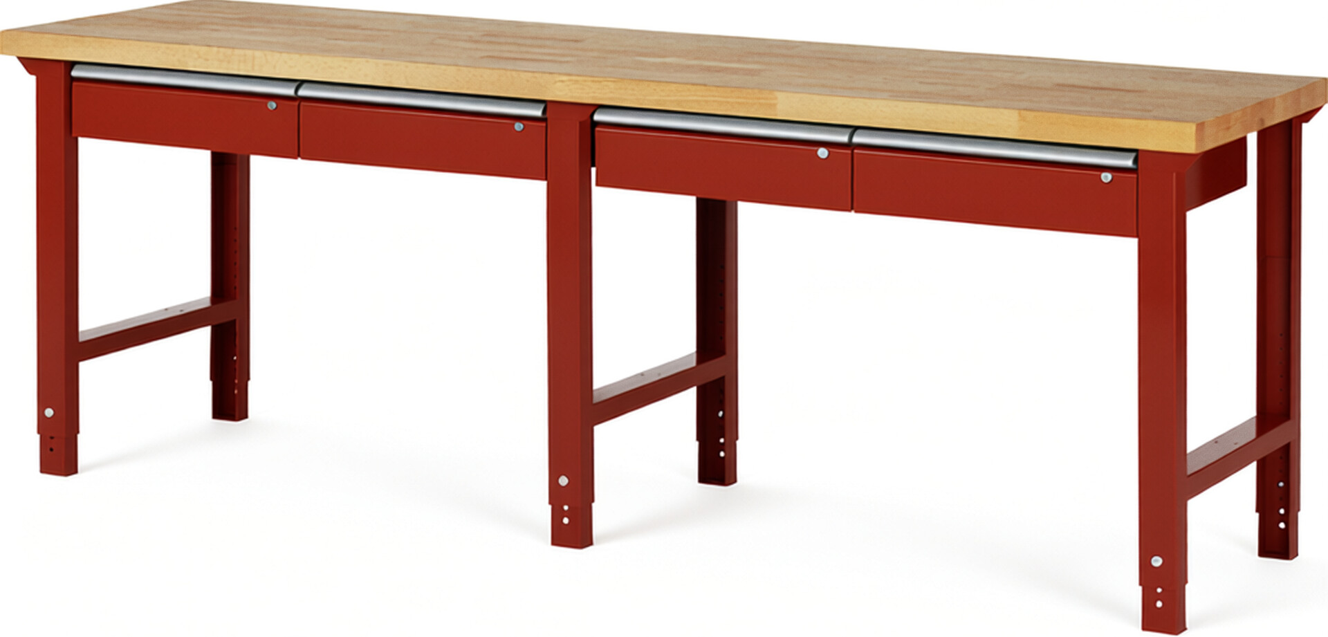 Werkbank Modell 7002 rot, BxTxH 2500x700x790-1140 mm,  Buche-Massiv Arbeitsplatte 40 mm,  4 Schubladen mit  Auszug 90 %