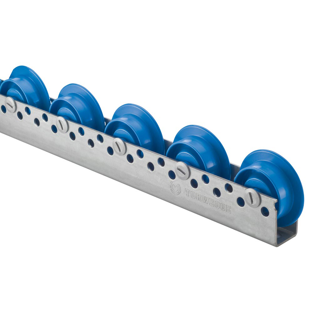 Universal-Rollenschiene, Profil 44x28x44x2 mm, verzinkt, KS-Rollen mit Spurkranz + Kugell., Traglast 10 kg/Rolle, Bauhöhe 61 mm, Achsabstand 200 mm