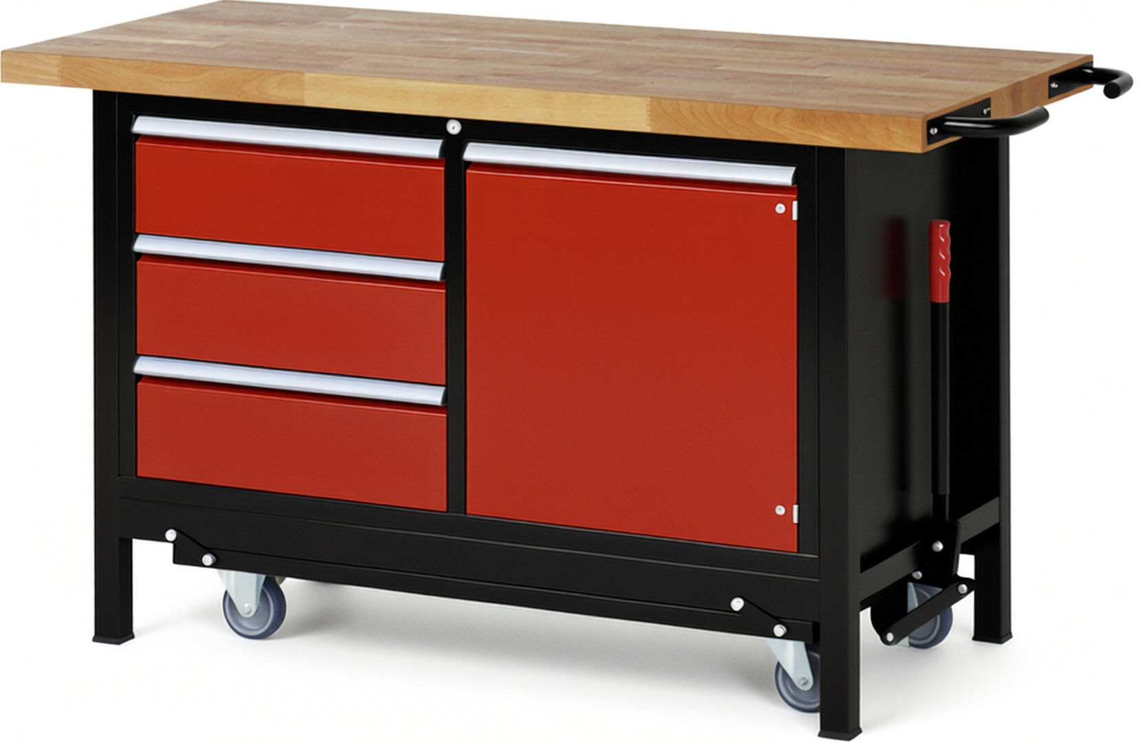 RAU Werkbank schwarz - rot - Breite 150 cm - Tiefe 70 cm - Höhe 88 cm - Buche-Massiv Arbeitsplatte 40 mm