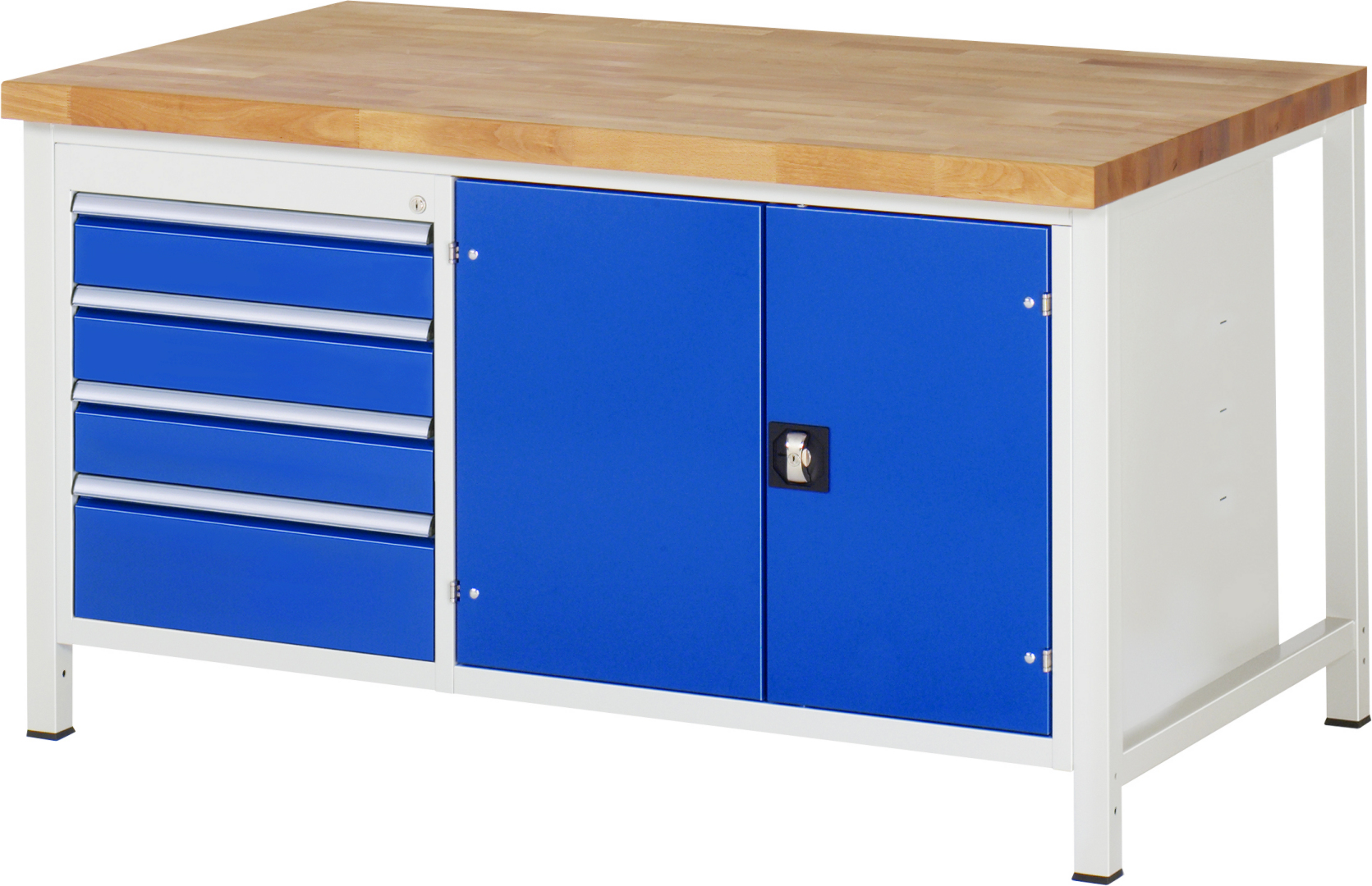 Werkbank Modell 8905,  BxTxH 1500x900x840-1040 mm,  Buche-Massiv Arbeitsplatte 40 mm,  4 Schubladen mit  Auszug 90 %