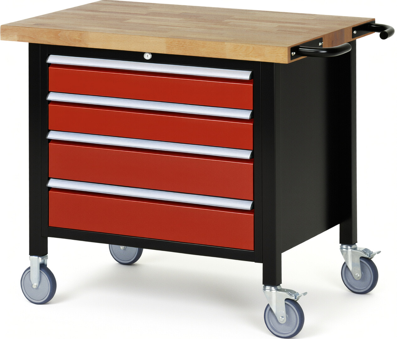 RAU Werkbank schwarz - rot - Breite 100 cm - Tiefe 70 cm - Höhe 88 cm - Buche-Massiv Arbeitsplatte 40 mm