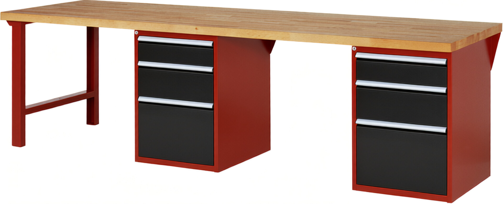 Werkbank Modell 7508 rot - schwarz, BxTxH 3000x900x890 mm,  Buche-Massiv Arbeitsplatte 40 mm,  6 Schubladen mit  Vollauszug 100 % und  SoftClosing