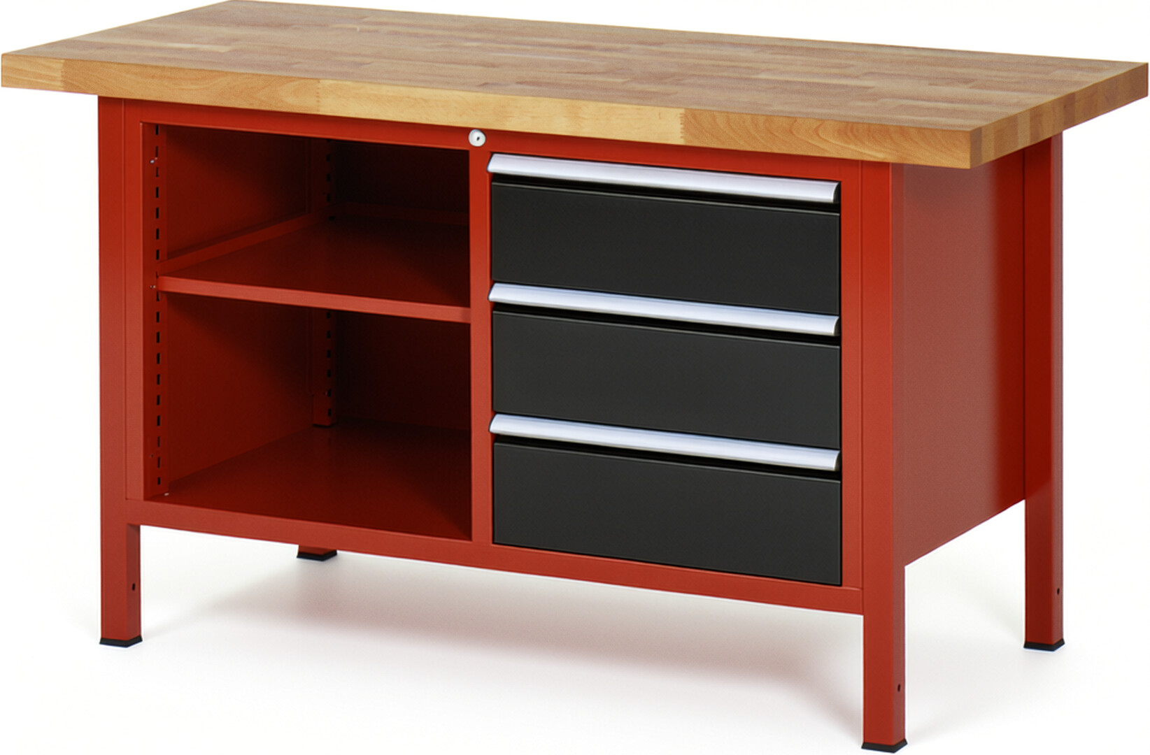 RAU Werkbank rot - schwarz - Breite 150 cm - Tiefe 70 cm - Höhe 84 cm - Buche-Massiv Arbeitsplatte 40 mm