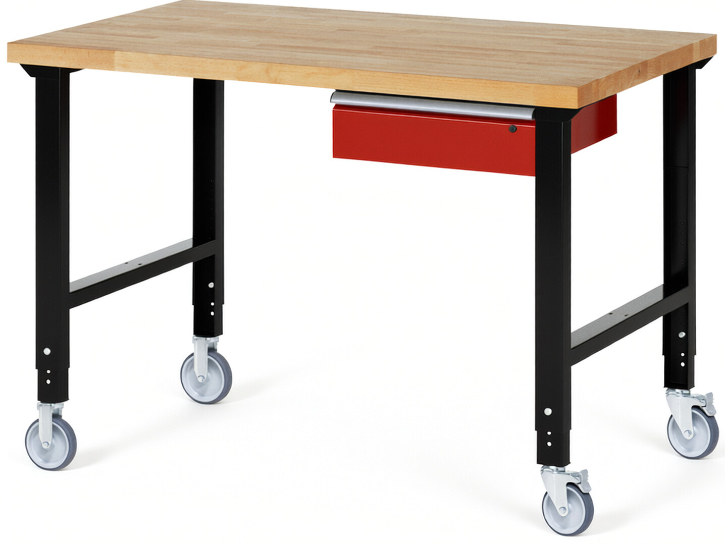 Fahrbare Werkbank Modell 7001 schwarz-rot, BxTxH 1500x900x950-1000 mm,  Buche-Massiv Arbeitsplatte 40 mm,  1 Schublade mit  Auszug 90 %