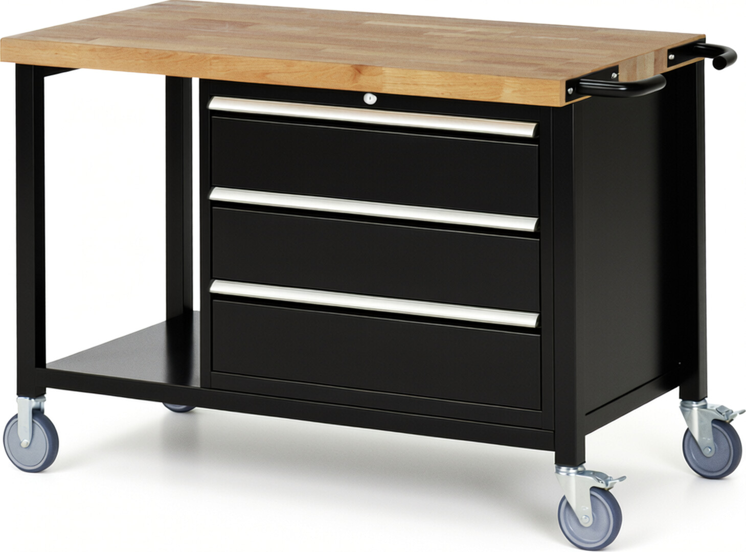 Fahrbare Werkbank Modell 8257 schwarz, BxTxH 1250x700x880 mm,  Buche-Massiv Arbeitsplatte 40 mm,  3 Schubladen mit  Vollauszug 100 % und  SoftClosing