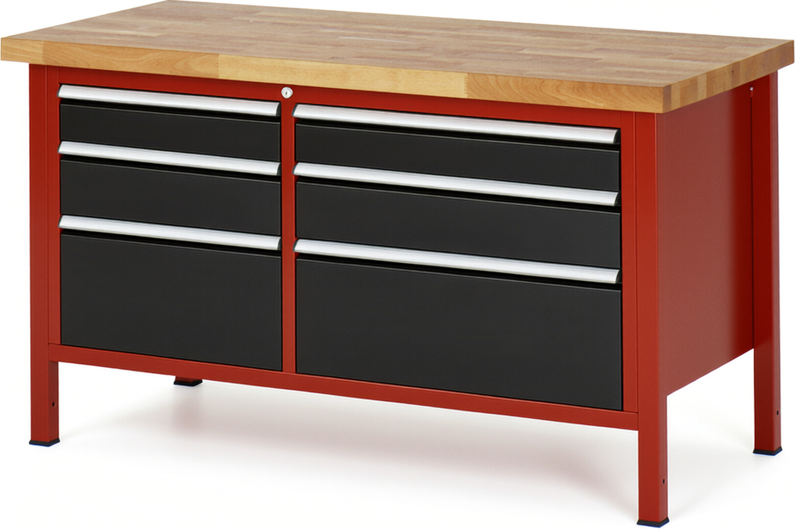 Werkbank Modell 8652 rot - schwarz, BxTxH 1500x700x840 mm,  Buche-Massiv Arbeitsplatte 40 mm,  6 Schubladen mit  Vollauszug 100 % und  SoftClosing
