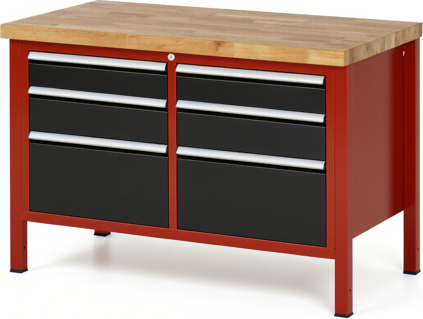 Werkbank Modell 8475 rot - schwarz, BxTxH 1250x700x840-1040 mm,  Buche-Massiv Arbeitsplatte 40 mm,  6 Schubladen mit  Auszug 90 %